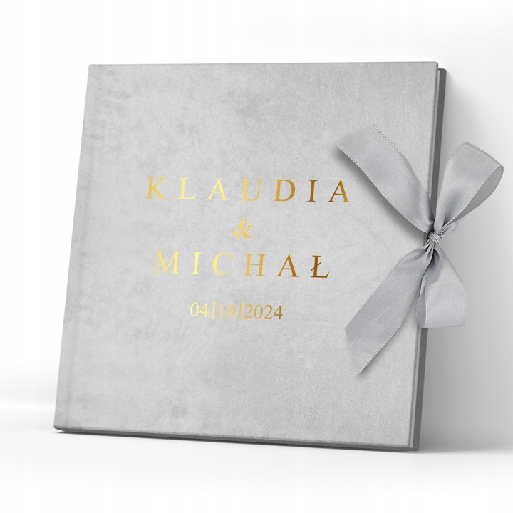 Album foto personalizat, 24x24,5cm, 10 pagini, coperta din catifea gri, cu imprimare aurie, set pentru tineri casatoriti