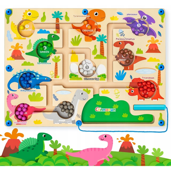 Joc educativ set labirint magnetic dinozauri, 30x22,3cm, 10 culori, pentru copii 3+