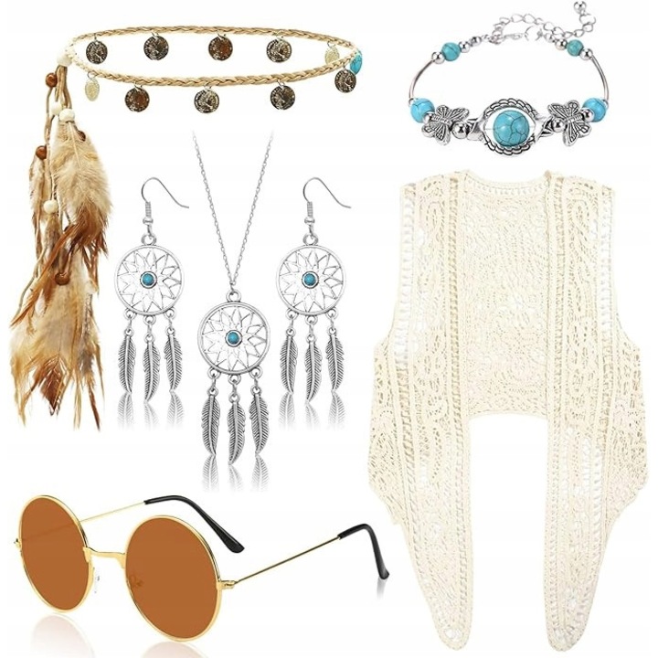 Hippie boho vintage jelmez, komplett szett kiegészítőkkel, többszínű, univerzális méret