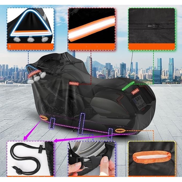 Husa moto impermeabila, SRIMMIT, 245x110cm, XXL, rezistenta la intemperii, cu ventilatie, prindere cu 3 cleme