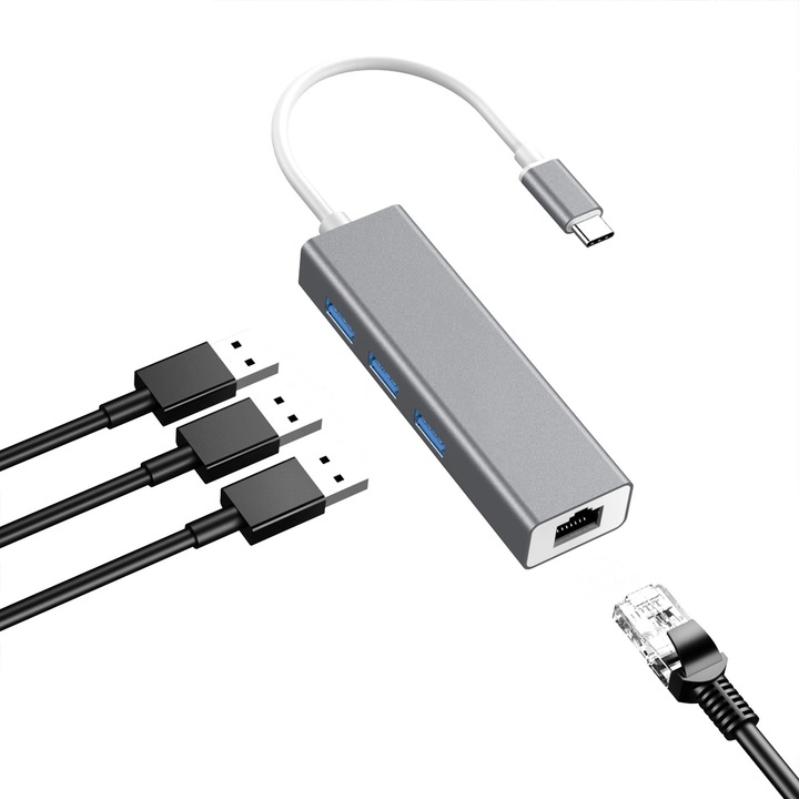 Adaptor USB-C la RJ45 cu 3 porturi USB 3.0, 100/1000 Mbps
