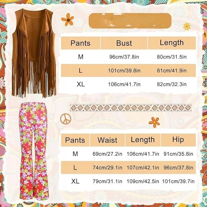 Hippie boho vintage jelmez, teljes szett, M-es méret, sokszínű, bulikra és tematikus eseményekre