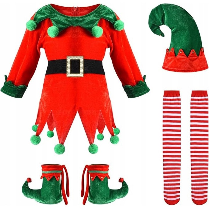 Costum elf pentru copii, set 5 piese, design festiv cu clopotei, rosu-verde-alb, marimea 90