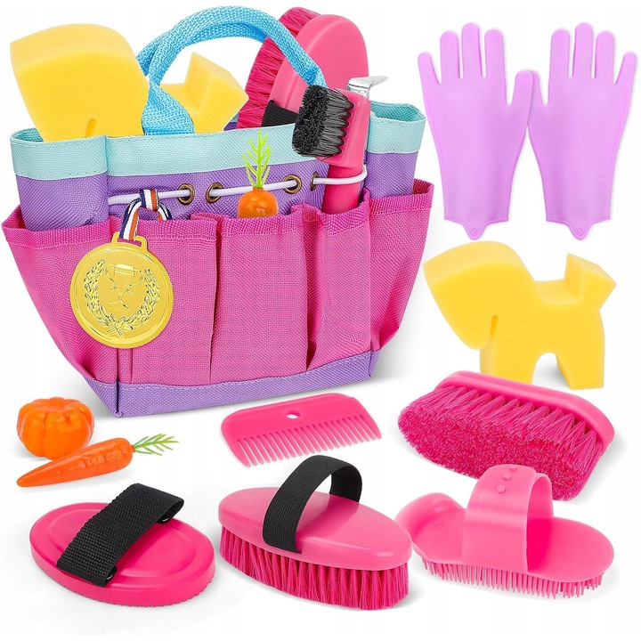 Set de ingrijire pentru cai, perii, accesorii, jucarie, cos, 30x20cm