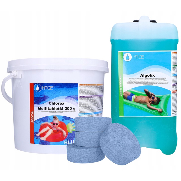Set tablete multifunctionale pentru piscina 200g, NTCE, 3kg + AlgoFix 3,2l, actiune bactericida, colorant albastru