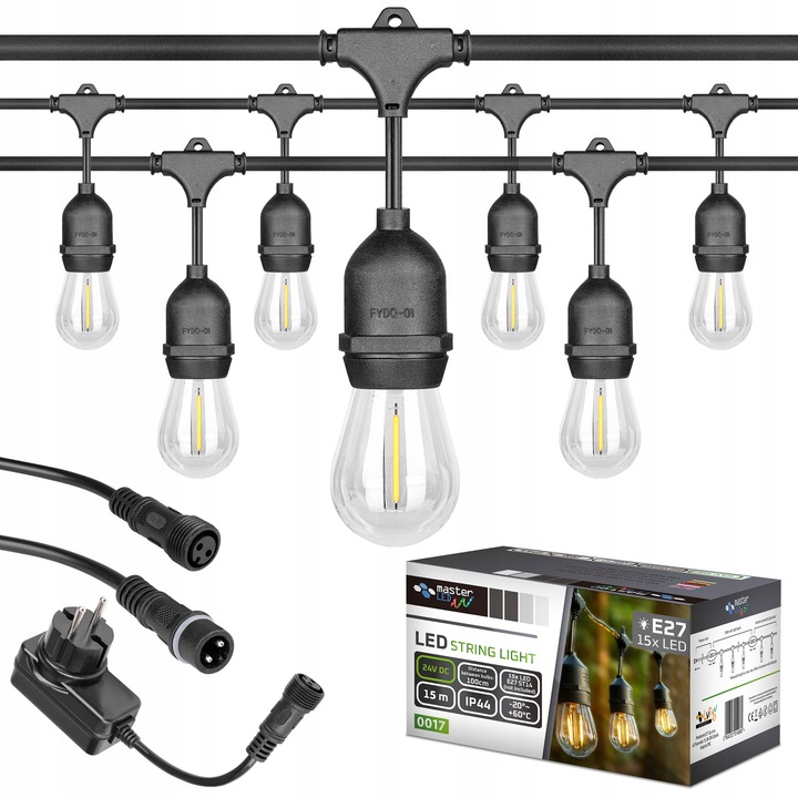 Girlanda LED 15m, 15x E27 Filament ST14, 24V, IP44, neagra