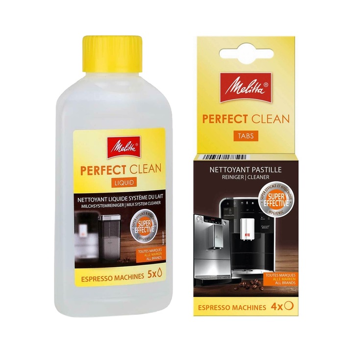Комплект за почистване Melitta Perfect Clean, течност и таблетки, без мирис, 250 мл + 4 таблетки