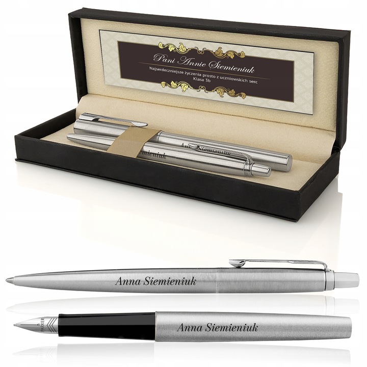Set instrumente de scris Parker, stilou si pix din otel inoxidabil, etui din lemn, 22x8,5x4,5cm, personalizare disponibila
