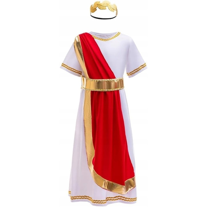 Costum Gladiator Grec, set complet, tunica, coroana, marimea M (8-9 ani), alb cu detalii aurii