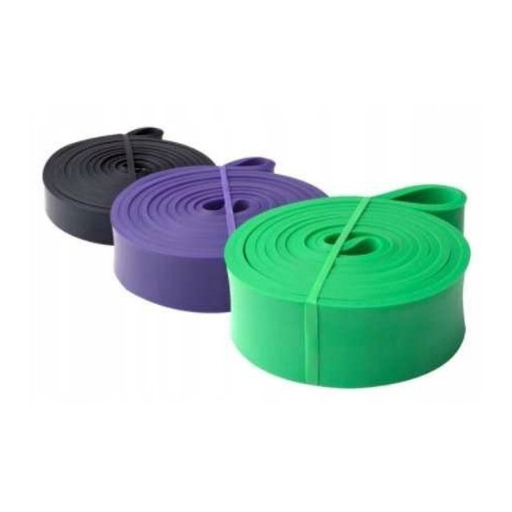 Set 3 benzi elastice pentru exercitii, negru, mov, verde 21×208 mm / 32×208 mm / 45×208 mm