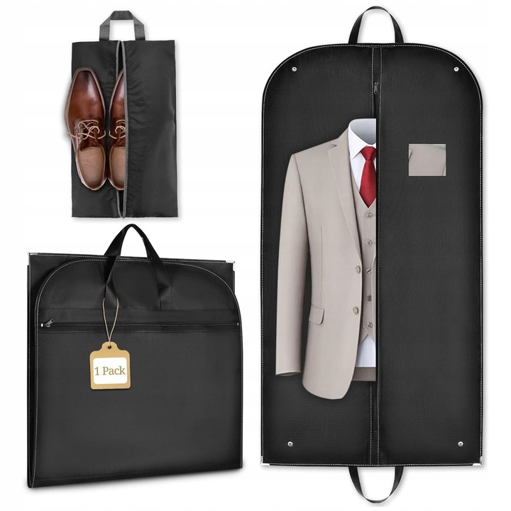 Set organizator imbracaminte si incaltaminte, torba garnitura si torba pentru incaltaminte, material poliester, negru, 110x60cm