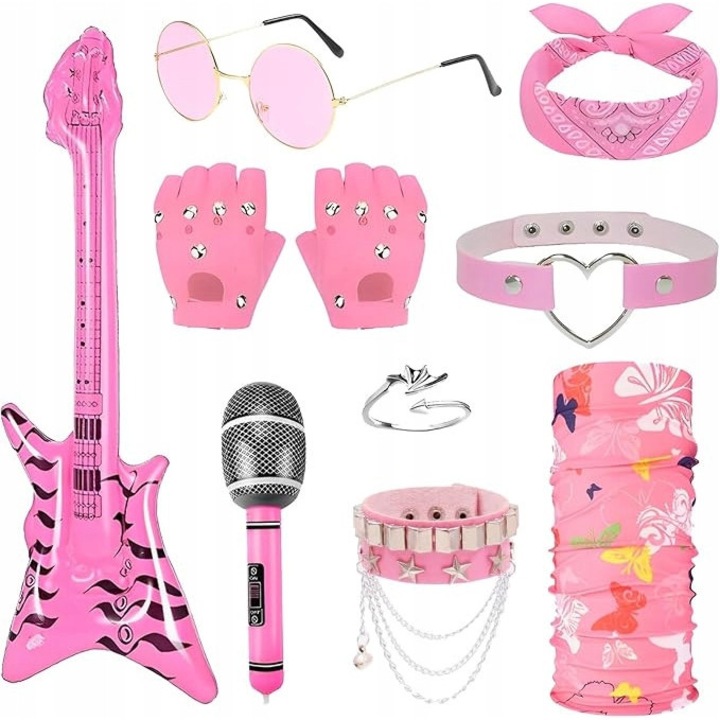 Costum carnaval retro punk 70/80, set 7 elemente, accesorii rockman, bandana, manusi, ochelari, microfon, multicolor