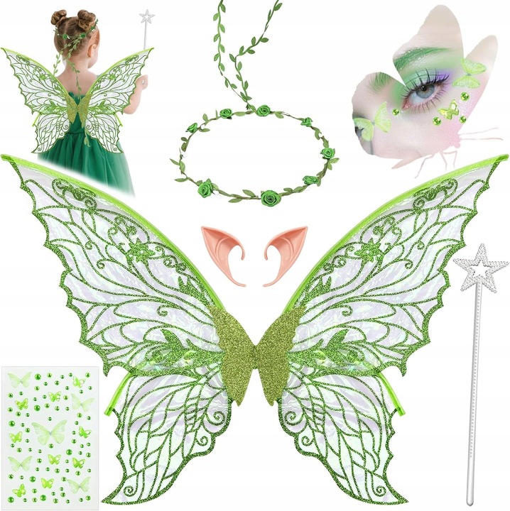 Costum de Elfa pentru copii, set cu aripi de fluture, diadema, urechi de elfi, multicolor, dimensiuni reglabile