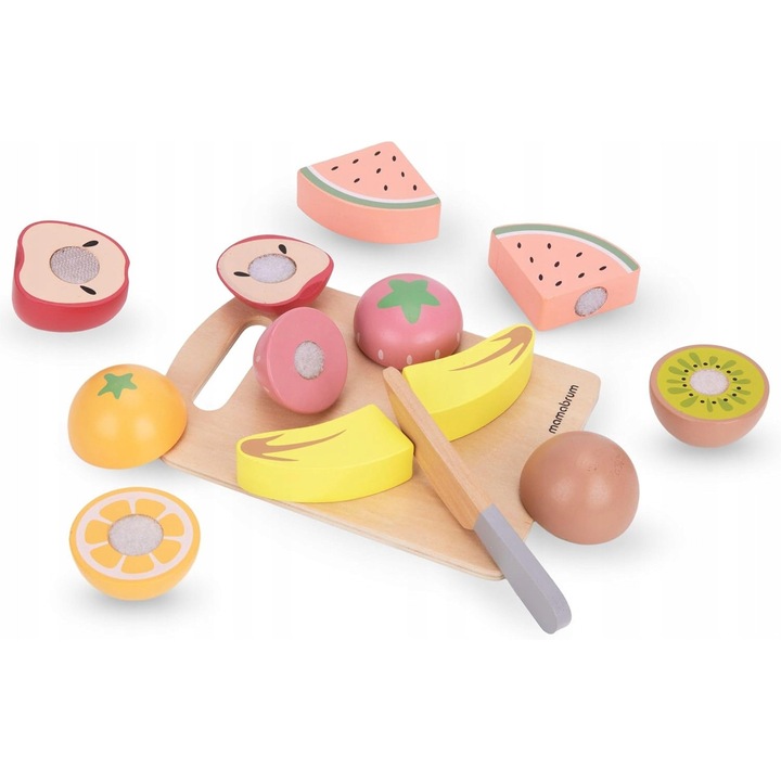 Set de taiat fructe din lemn pentru copii, mamabrum, 23x6x16cm, realizare sigura, joc creativ