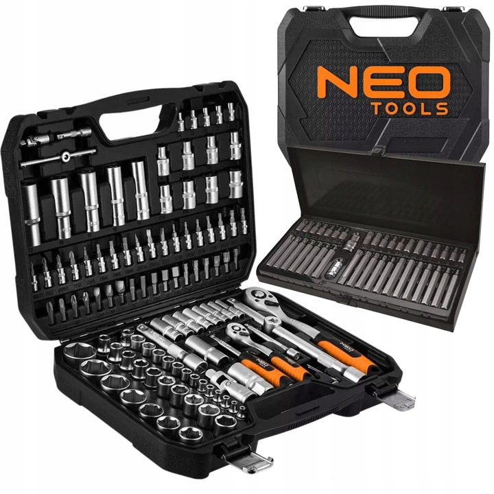 Set chei cu biti 110 elemente, NEO TOOLS, CrV, 1/4" si 1/2", cutie de transport + set biti 40 elemente