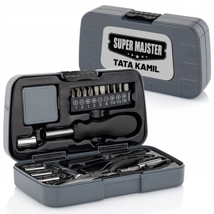 Set unelte 19 piese, cutie gri, personalizare cu gravura, 9,3x17x4cm