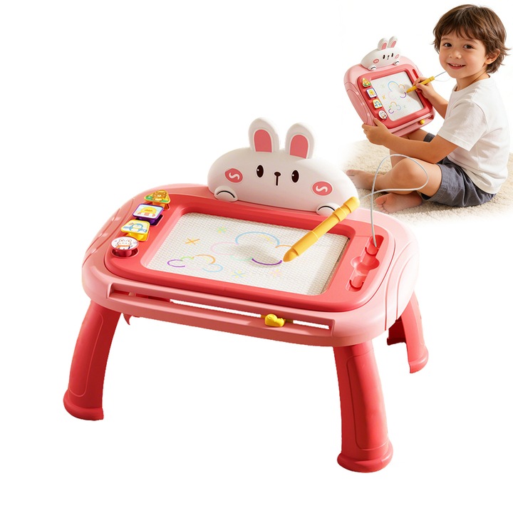 Tabla de desen magnetica pentru copii, jucarie educativa, portabila masuta de desenat, Cu pix si 4 Jucarii Magnetice, Picioare Detasabile, 4 culori, Motivul iepurelui, ABS, 2-5 ani, Pentru activitati educative, scris si desenat, 29.8x20.8x19.3 cm, Roz