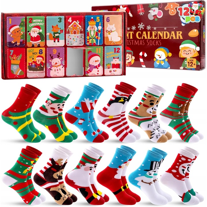 Kalendarz Adventowy cu 12 perechi de sosete calduroase, modele festive, cutie decorativa, dimensiune universala