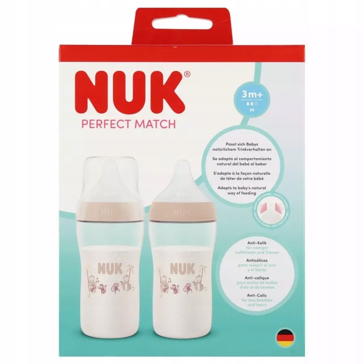 Set biberoane NUK, 260ml 3m+, 2 bucati, design maimuta, forma ergonomica, capacitate 260ml