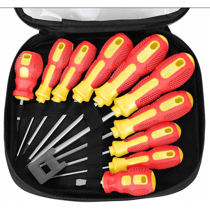 Mágneses csavarhúzó készlet, 10 részes, 5 lapos és 5 csillag csavarhúzó, változatos méretek, ergonomikus, tárolóállvánnyal