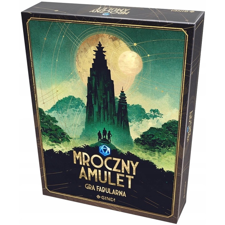 Mroczny Amulet, társasjáték, 1-12 játékos, 4 karakterkártya, 110 megoldáskártya, 110 probléma kártya, 50 kihíváskártya, 35 helyszínkártya, 21 átokkártya, 10 utasításkártya, nagyon jó