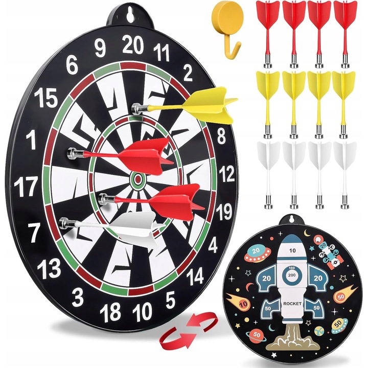 Darts játékszett, mágneses tábla, 12 nyíl, többszínű