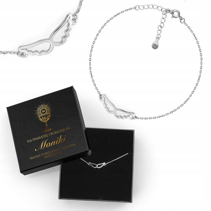 Bratara argintie cu aripi de inger, personalizabila, 16–19 cm, in cutie neagra
