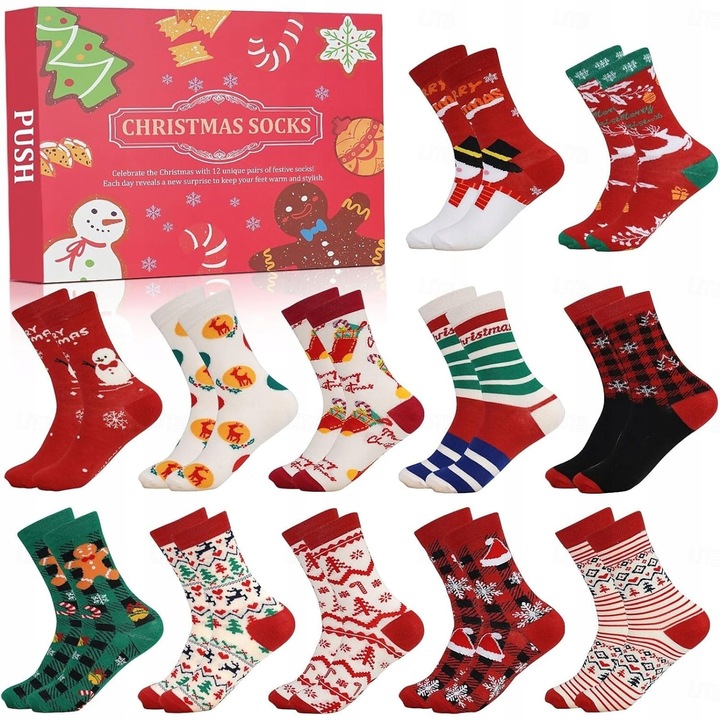 Kalendarz Adventowy cu 12 perechi de sosete calduroase, modele festive, dimensiune 40-46, cutie decorativa