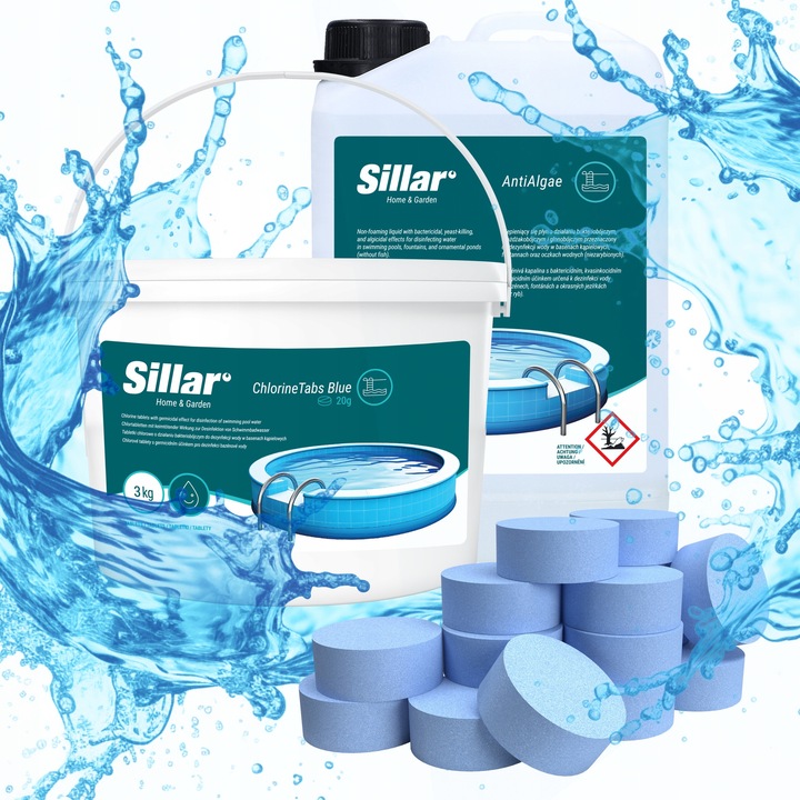 Set tablete de clor Sillar 3kg 20g + 3,2l anti-alge, multicolor