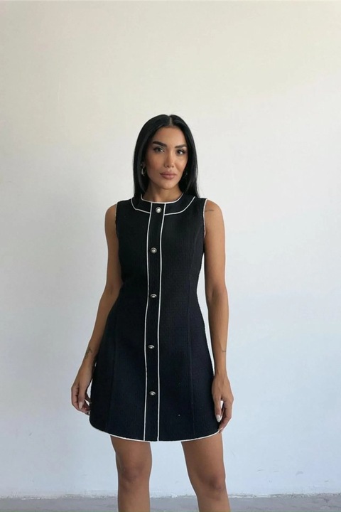 Rochie Midi, JANES, inchidere cu nasturi, negru, bumbac