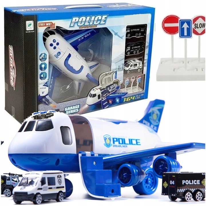 Avion de politie QULKI, cu 3 masini metalice, lumini si sunete, 30×27 cm