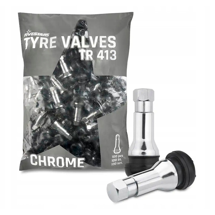 Ventil TR413 CH cromat pentru jante aluminiu, set 100 bucati, diametru 15mm, inaltime 46mm