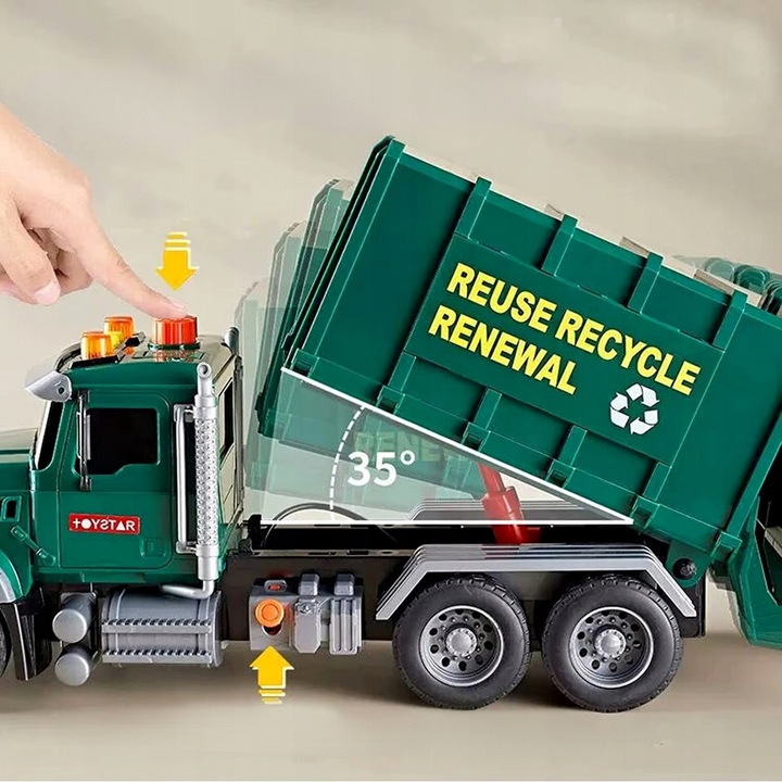 Camion de gunoi QULKI, verde, cu sunete si lumini, set 3 cosuri, 38x13x17cm