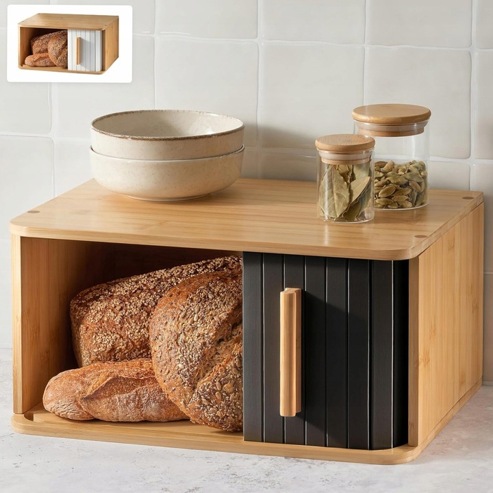 Bambusz kenyértartó, tolóajtós, tágas és tartós, 30x45cm