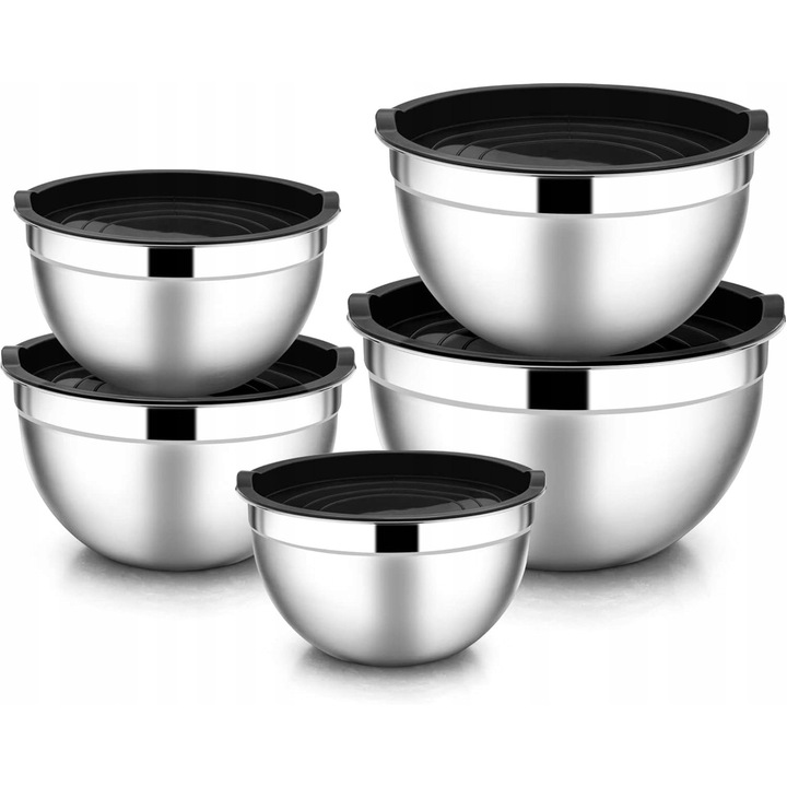Set 5 boluri din inox cu capac, 4,5L, 2,7L, 1,5L, 1,2L, 0,7L
