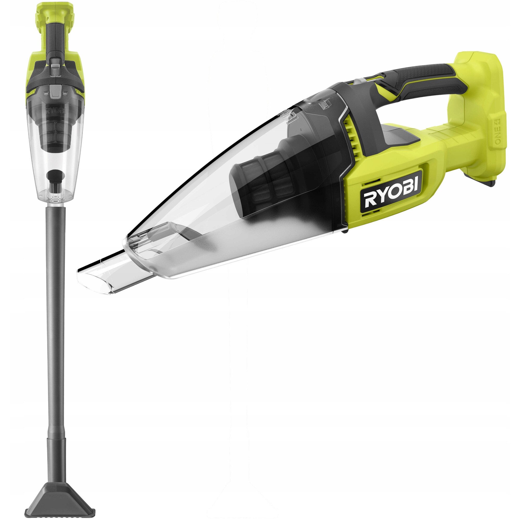 Aspirator acumulator portabil Ryobi RHV18F-0 18V One+, cu duza pentru podele, debit aer 1100 l/min, recipient 600 ml, verde/transparent