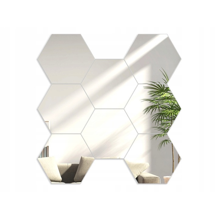 Lustro hexagonal Volan, set 8 pcs, argintiu, 16cm x 18cm
