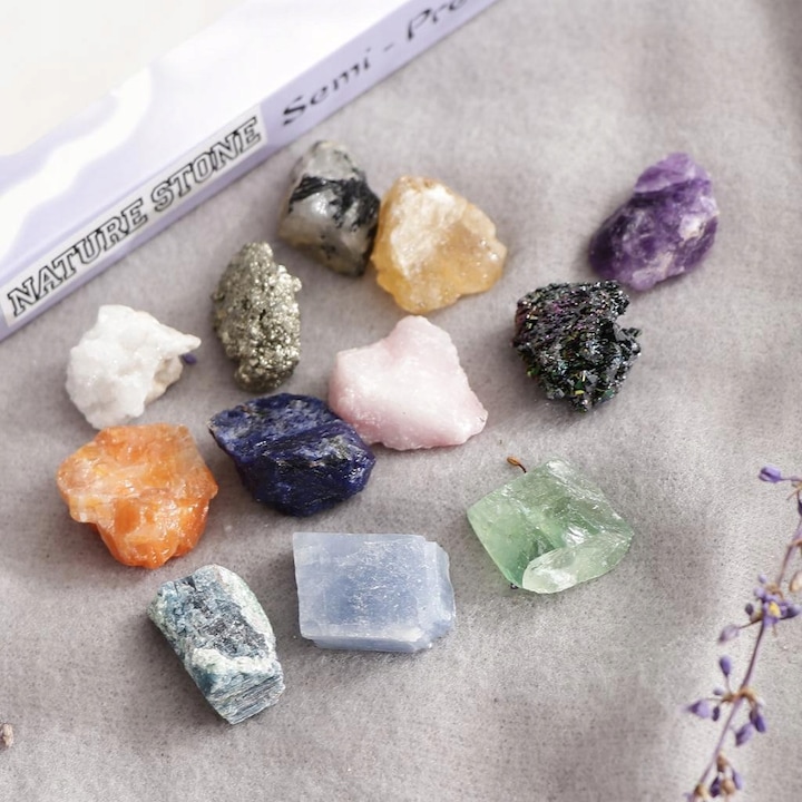 Set educational geologie, colectie de minerale si roci, 12 mostre, 14,2x10,5x1,6cm