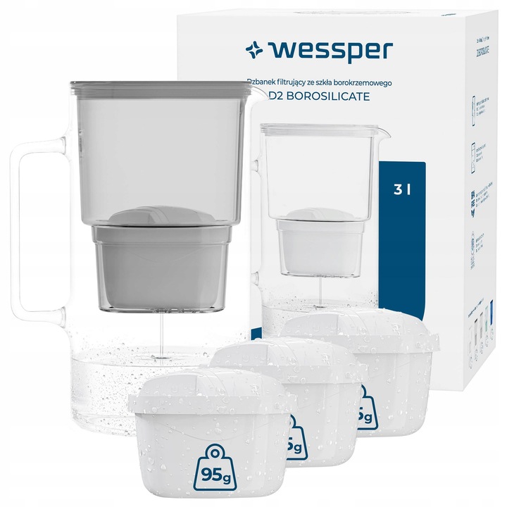 Cana filtranta Wessper D2 BOROSILICATE 3L, 4 filtre, gri