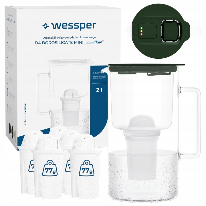 Кана с филтър Wessper D4 BOROSILICATE mini futureflow, 2 л, стъкло, бутилково зелено, комплект с 6 филтъра