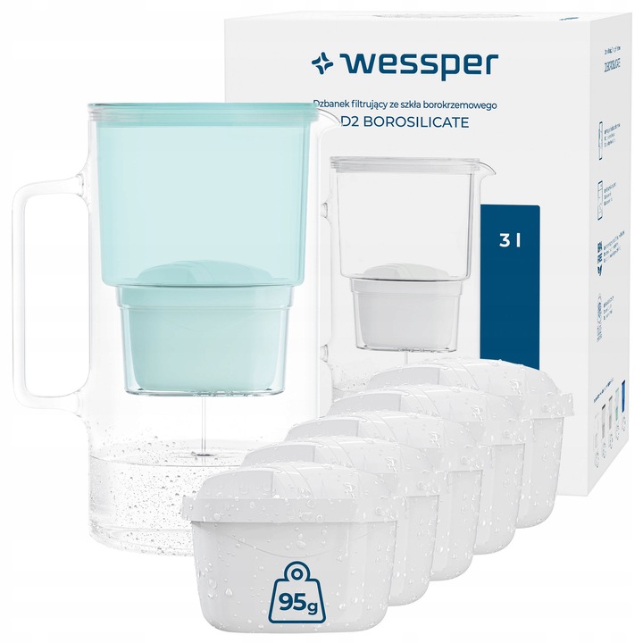 Cana filtranta din sticla Wessper D2 BOROSILICATE 3L, 6 filtre, culoare menta