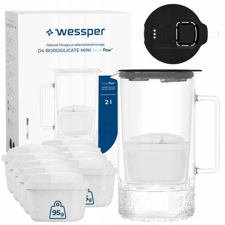 Купете комплект от 10 филтъра с филтрираща кана Wessper D4 BOROSILICATE mini futureflow, 2 л, стъкло, черна, 24,5x11,5 см