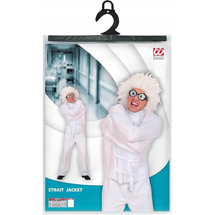 Costum camasa de siguranta, M/L, alb, set cu peruca, pentru Halloween, petreceri tematice