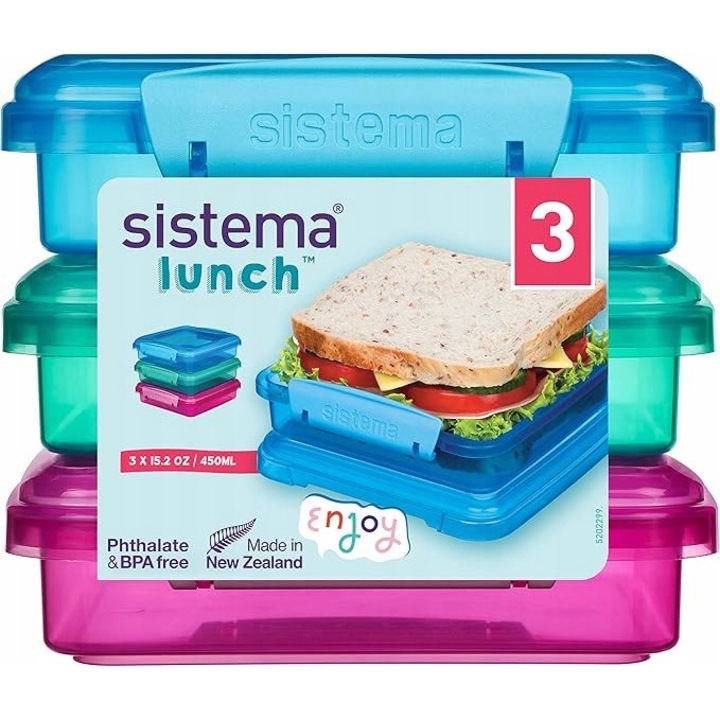 Set 3 cutii alimentare Sistema, pentru pranz, cu capacitate de sigilare, potrivite pentru scoala si birou, dimensiuni 20x15x10cm, multicolor