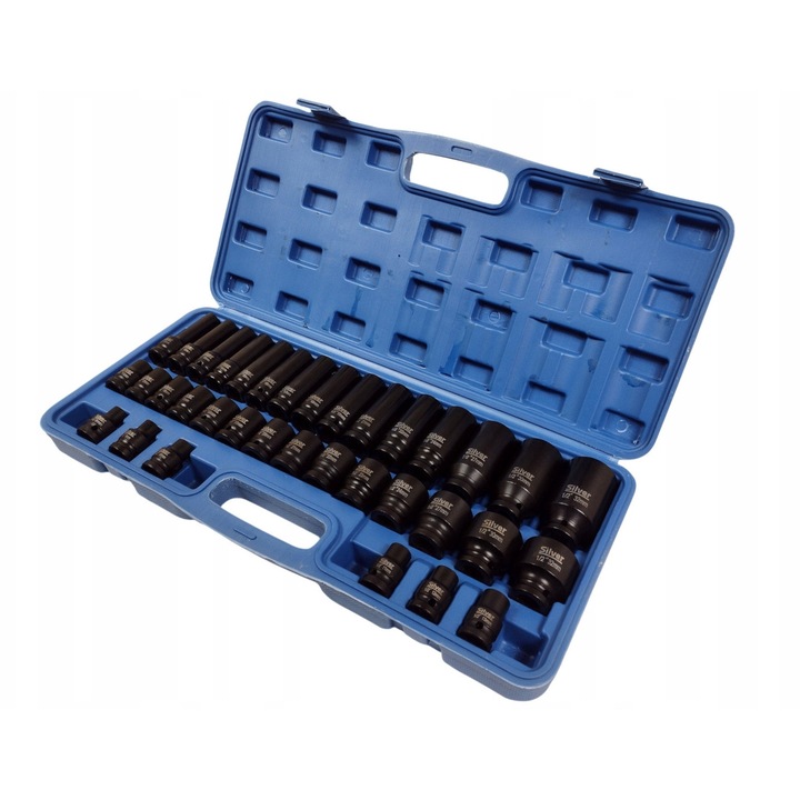 Set chei tubulare de impact 1/2" SilverTools 35 elemente 8-32 mm, lungi si scurte, cu cutie de plastic