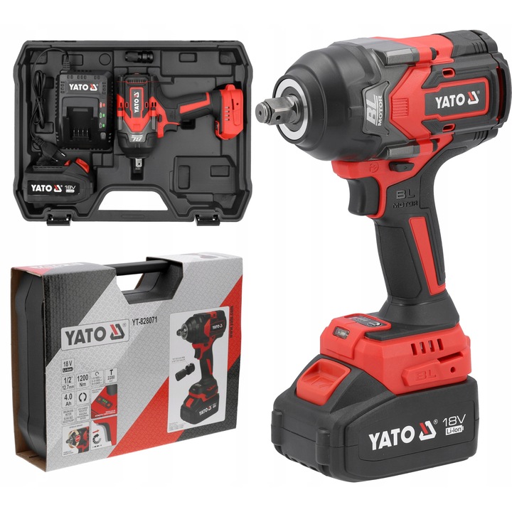 Cheie de impact fara fir Yato 18V 1200Nm 1/2'' 4Ah, cu adaptor 1/4'' la 1/2''