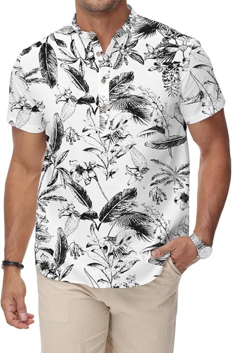 Camasa de Vara pentru Barbati din Bumbac si In, Fara Guler – Stil Relaxat si Confort Natural, Alb cu Plante Negre, Marimea L