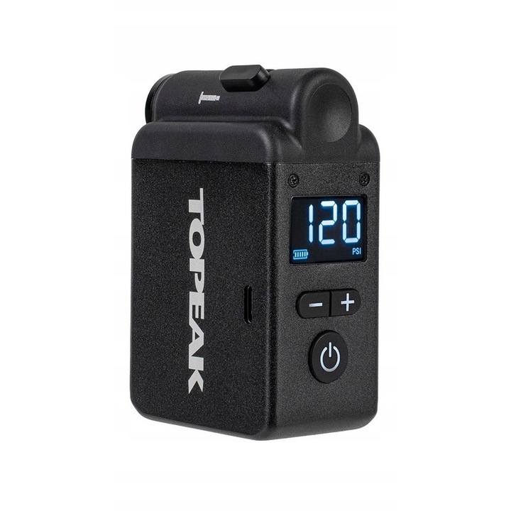 Електрическа помпа Topeak E-Booster Digital, черна, 120 psi, размери 5,9x3,5x8,6 см, комплект с калъф