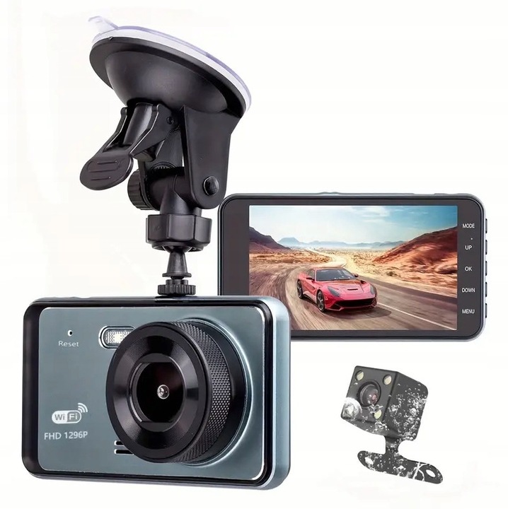 Camera auto DVR VANWIN G300, 4K, 1296P, GPS, touchscreen, set cu camera de marsarier, card SD 128GB