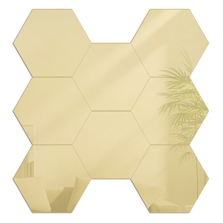 Set 8 oglinzi decorative hexagonale, Volan auriu, 16×18 cm